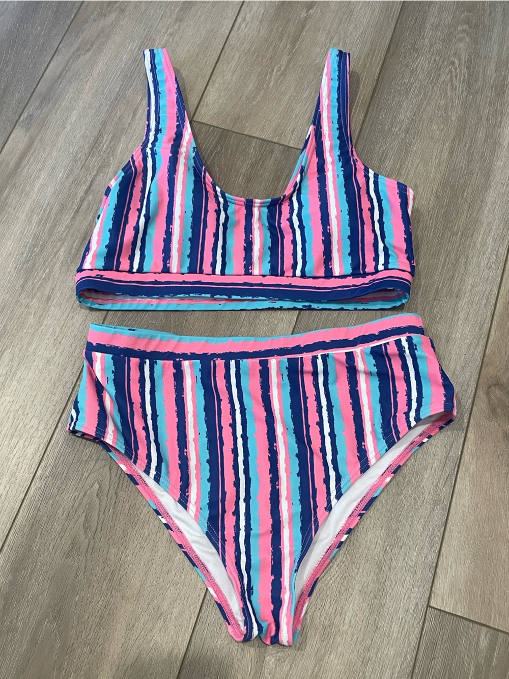 Pink Lily Pink, Navy & Aqua Striped Bikini